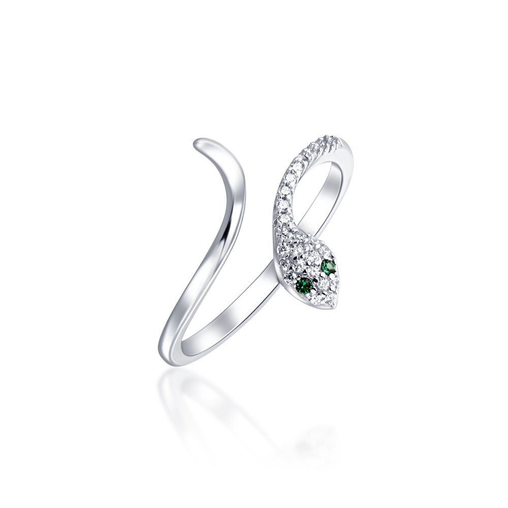 JVD Dámský stříbrný prsten se zirkony a zelenými smaragdy had SVLR0638XE9BI61