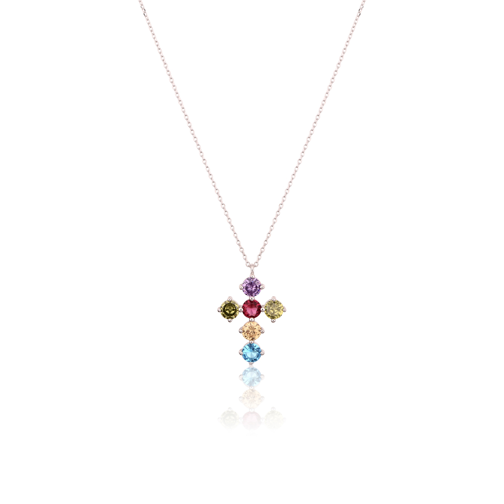 JVD Stříbrný náhrdelník - kříž s barevnými zirkony SVLN0317XH2CO45