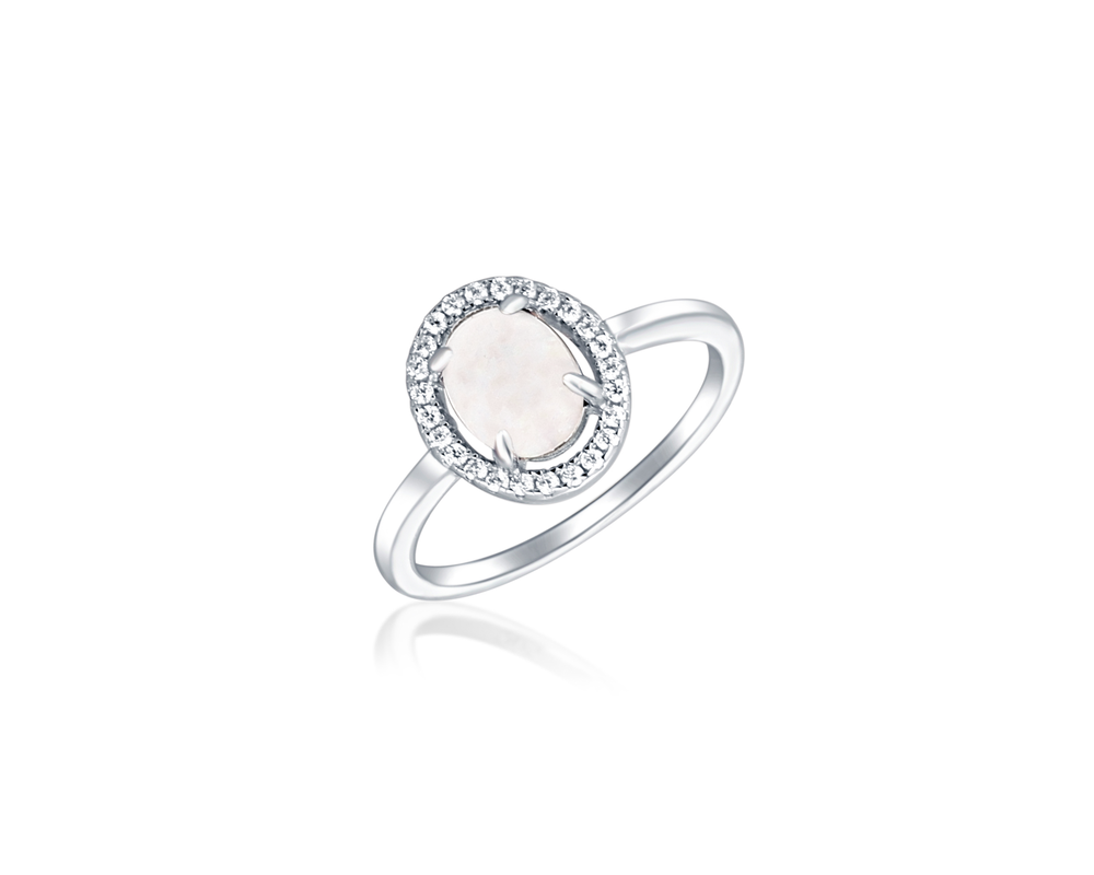 JVD Dámský stříbrný prsten se zirkony a bílým opálem SVLR0515SH2O153