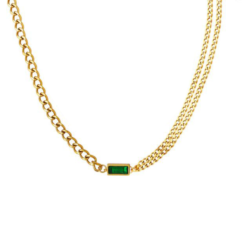 JVD Dámský pozlacený ocelový náhrdelník se zeleným smaragdem SSSN0037XJ2GZ00