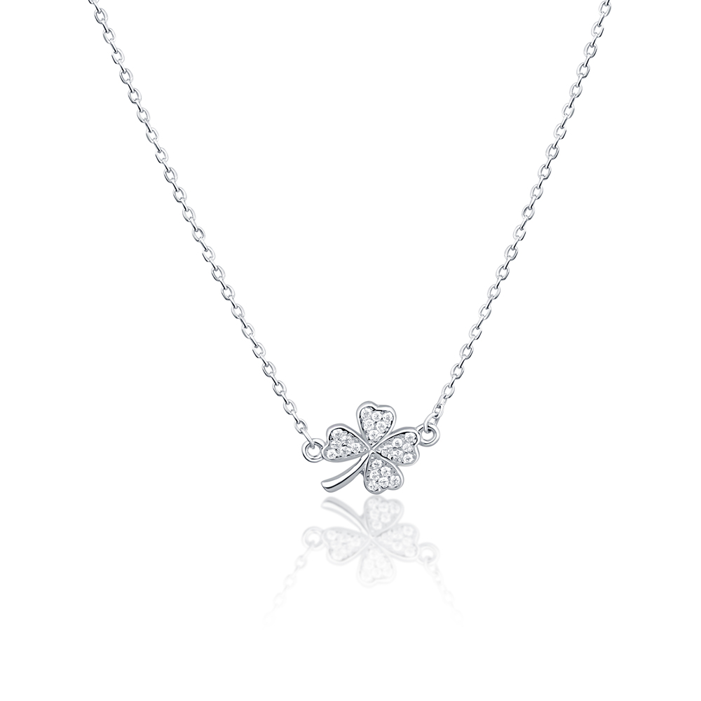 JVD Dámský stříbrný náhrdelník se zirkony čtyřlístek pro štěstí SVLN0550SH2BI45