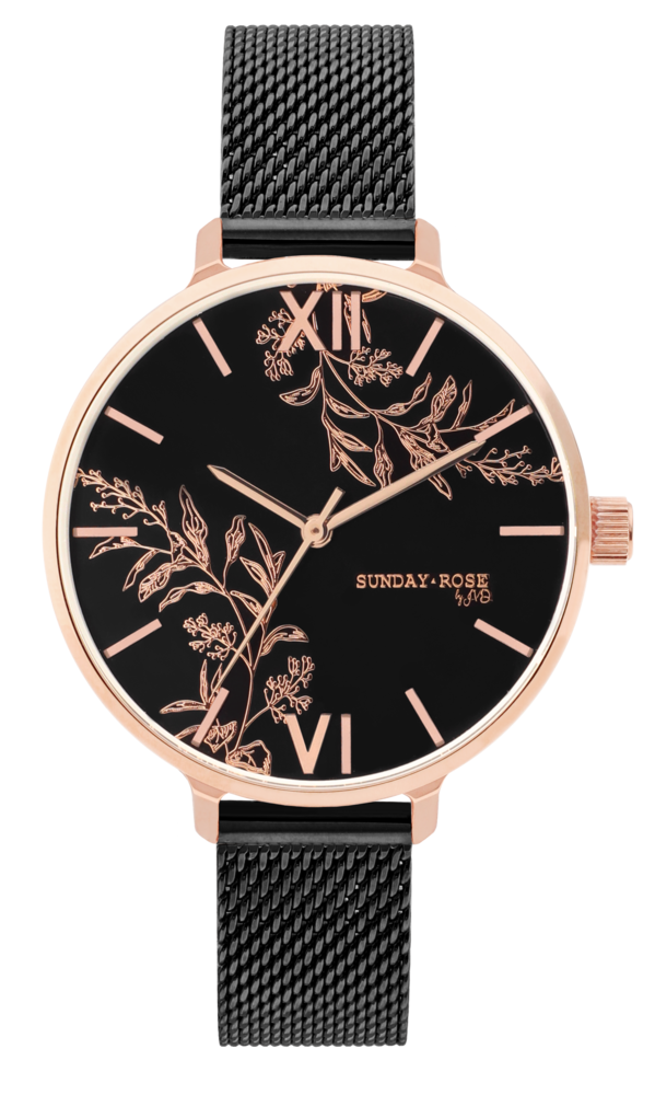 JVD Dámské květinové designové ocelové černé rose gold hodinky SUNDAY ROSE Dark Spring SUN-S29