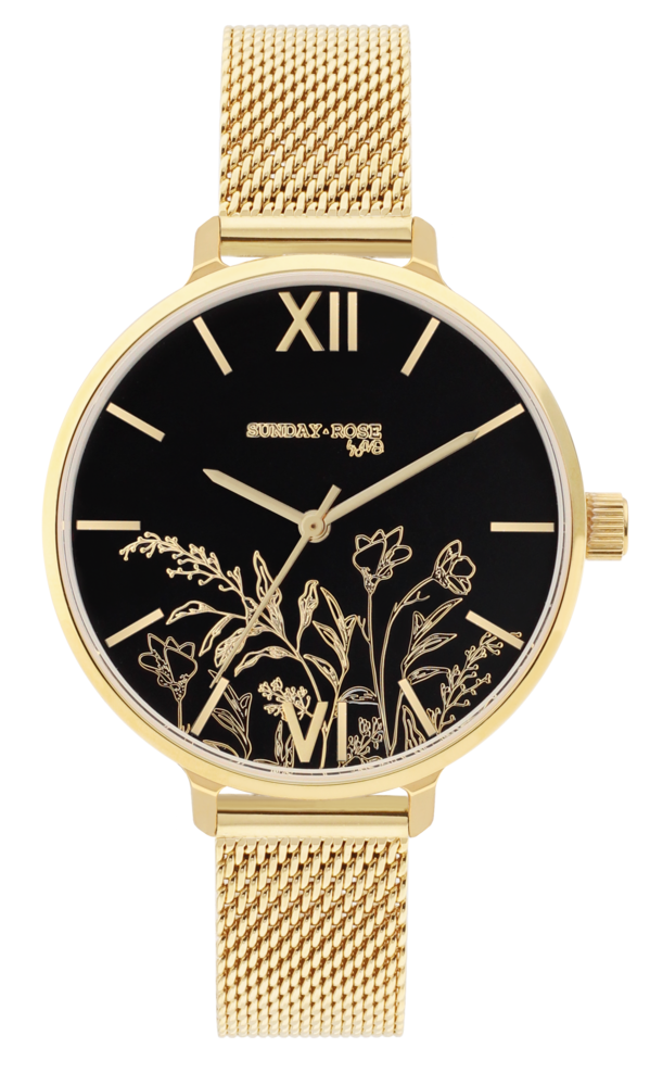 JVD Dámské květinové designové ocelové pozlacené hodinky SUNDAY ROSE Dark Fall SUN-S31