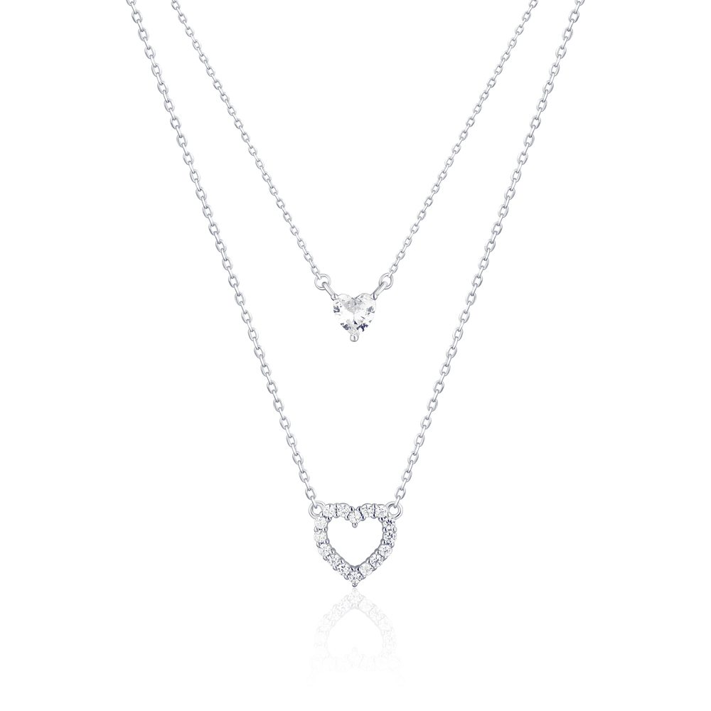 JVD Dámský dvojitý stříbrný náhrdelník se zirkony srdce SVLN0452XH2BI45