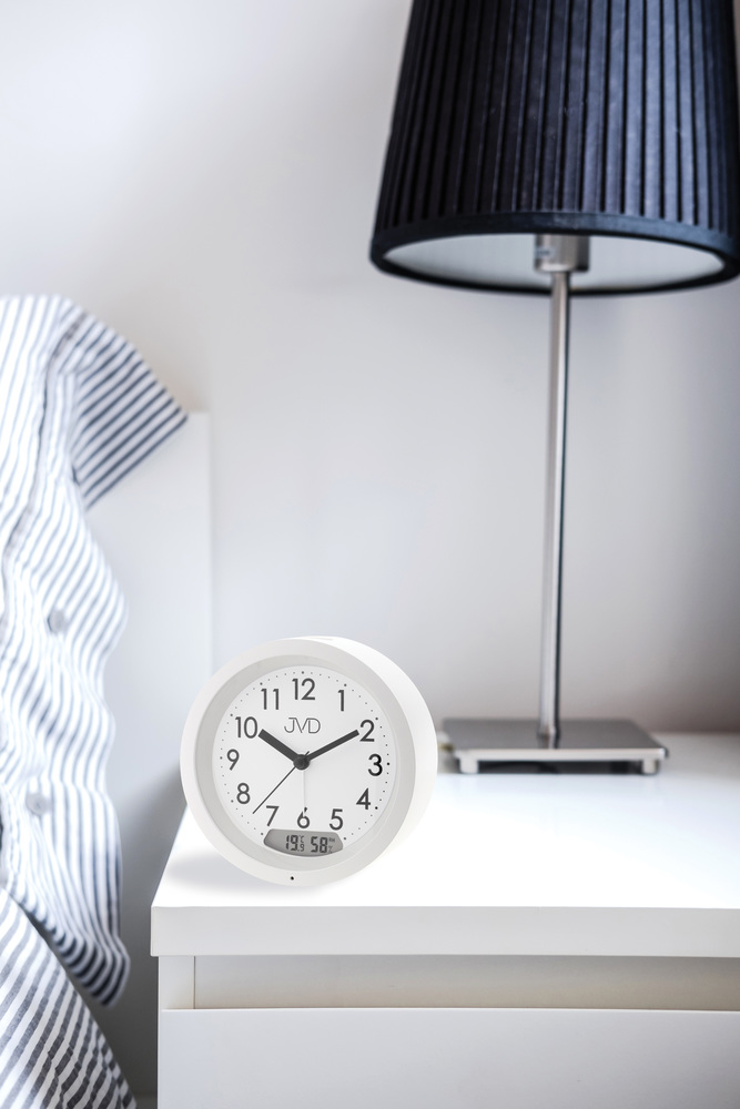 JVD Tichý netikající ručkový budík s teploměrem JVD SRP056.1