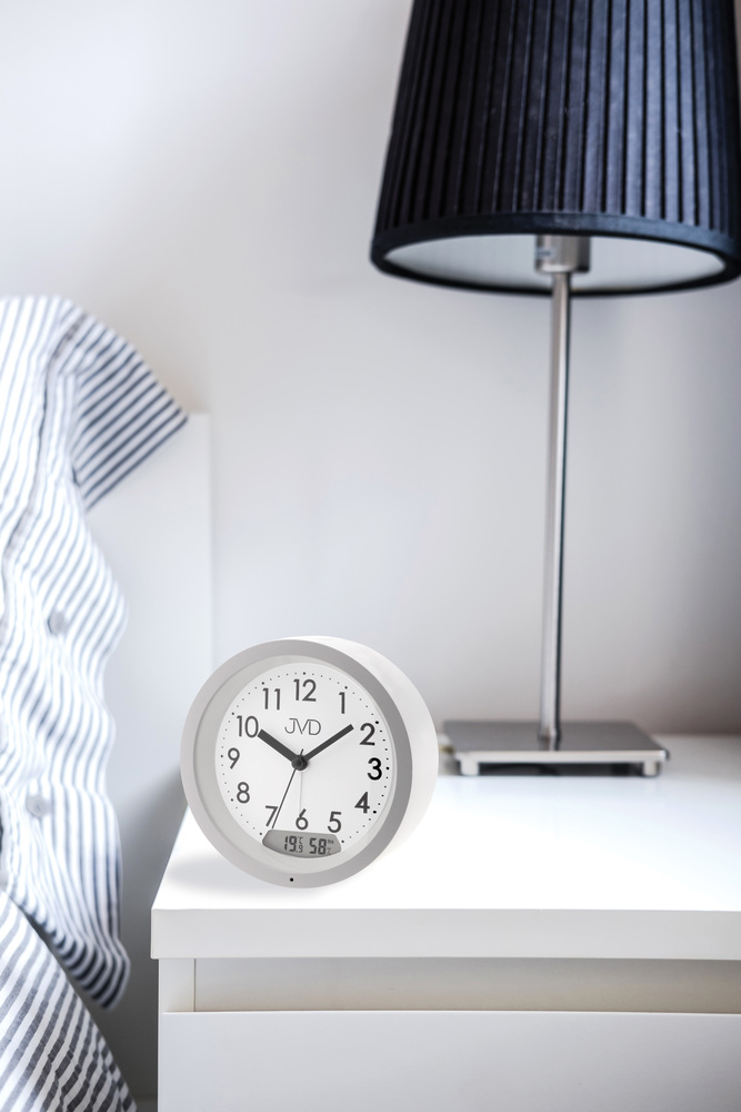 JVD Tichý netikající ručkový budík s teploměrem JVD SRP056.2