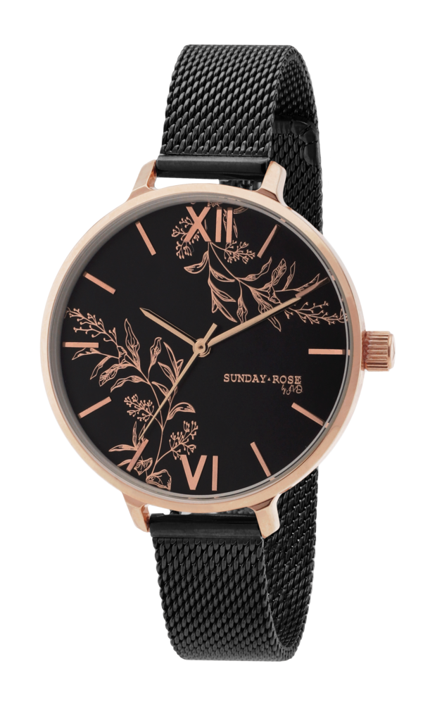 JVD Dámské květinové designové ocelové černé rose gold  hodinky SUNDAY ROSE  Dark Spring SUN-S29