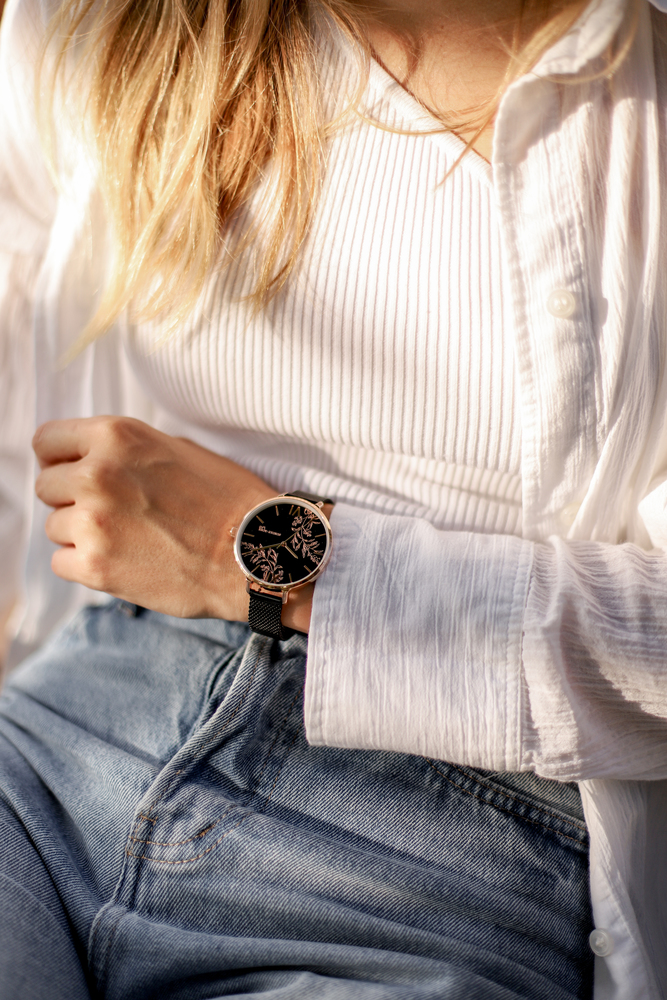 JVD Dámské květinové designové ocelové černé rose gold  hodinky SUNDAY ROSE  Dark Spring SUN-S29