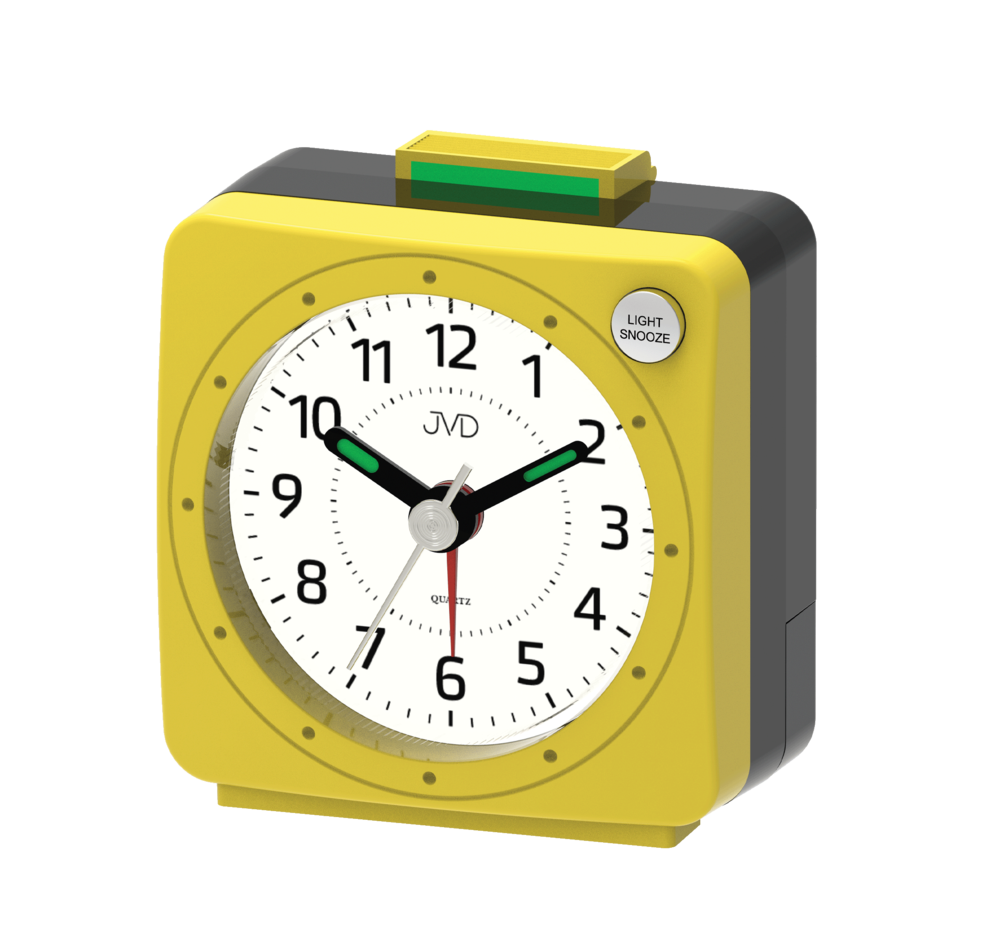 JVD Žlutý analogový nejlevnější baterkový budík JVD SR220.12 s osvětlením