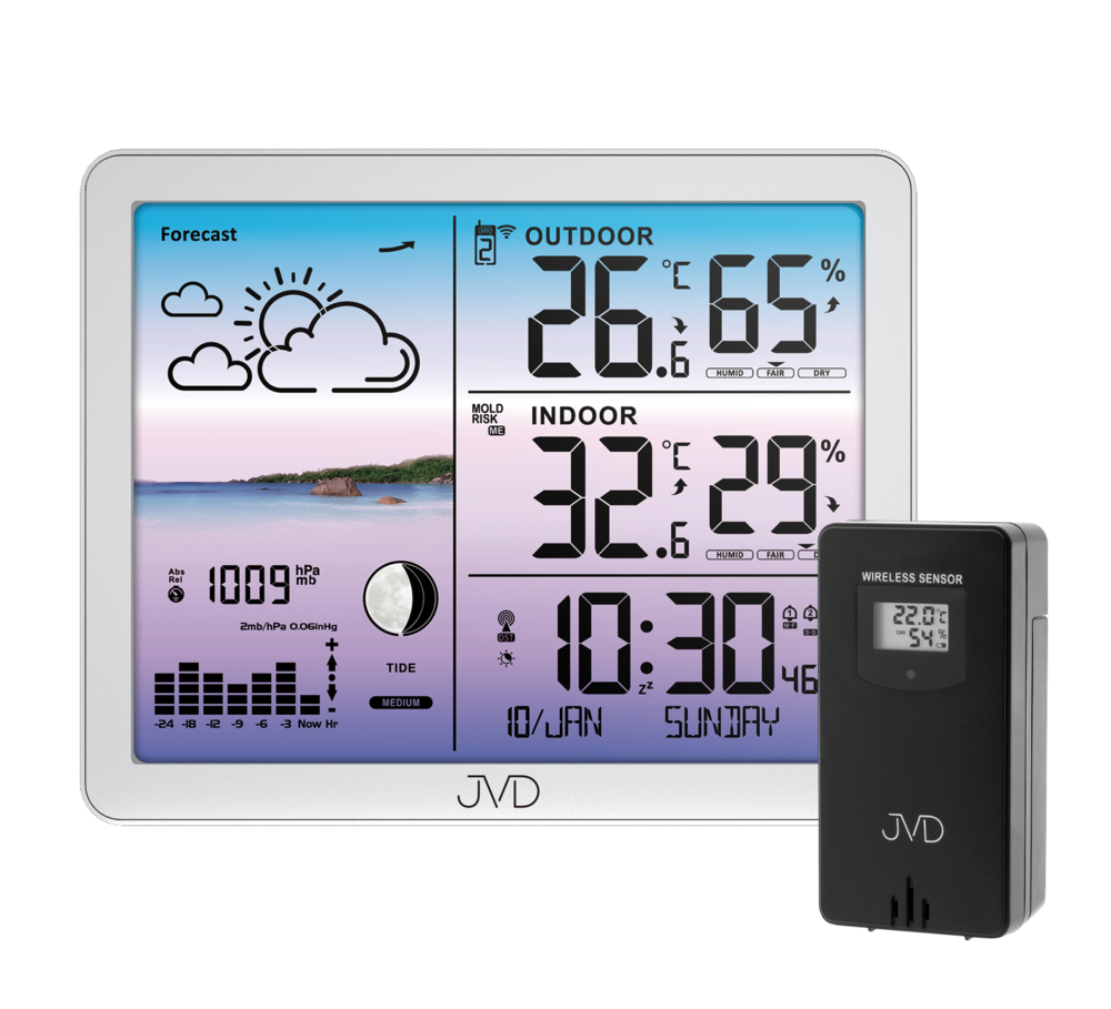 JVD Stříbrná barevná rádiem řízená meteorologická stanice JVD RB3566.2 meteo