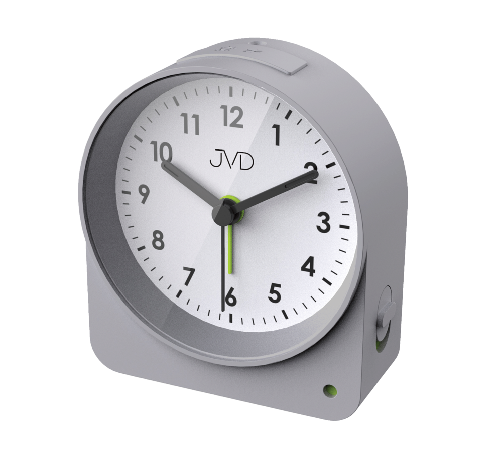 JVD Analogový šedý netikající tichý budík JVD SRP5138.2 se senzorem stmívání