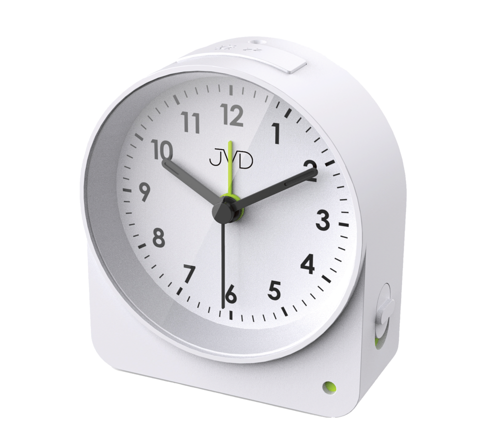 JVD Analogový bílý netikající tichý budík JVD SRP5138.1 se senzorem stmívání