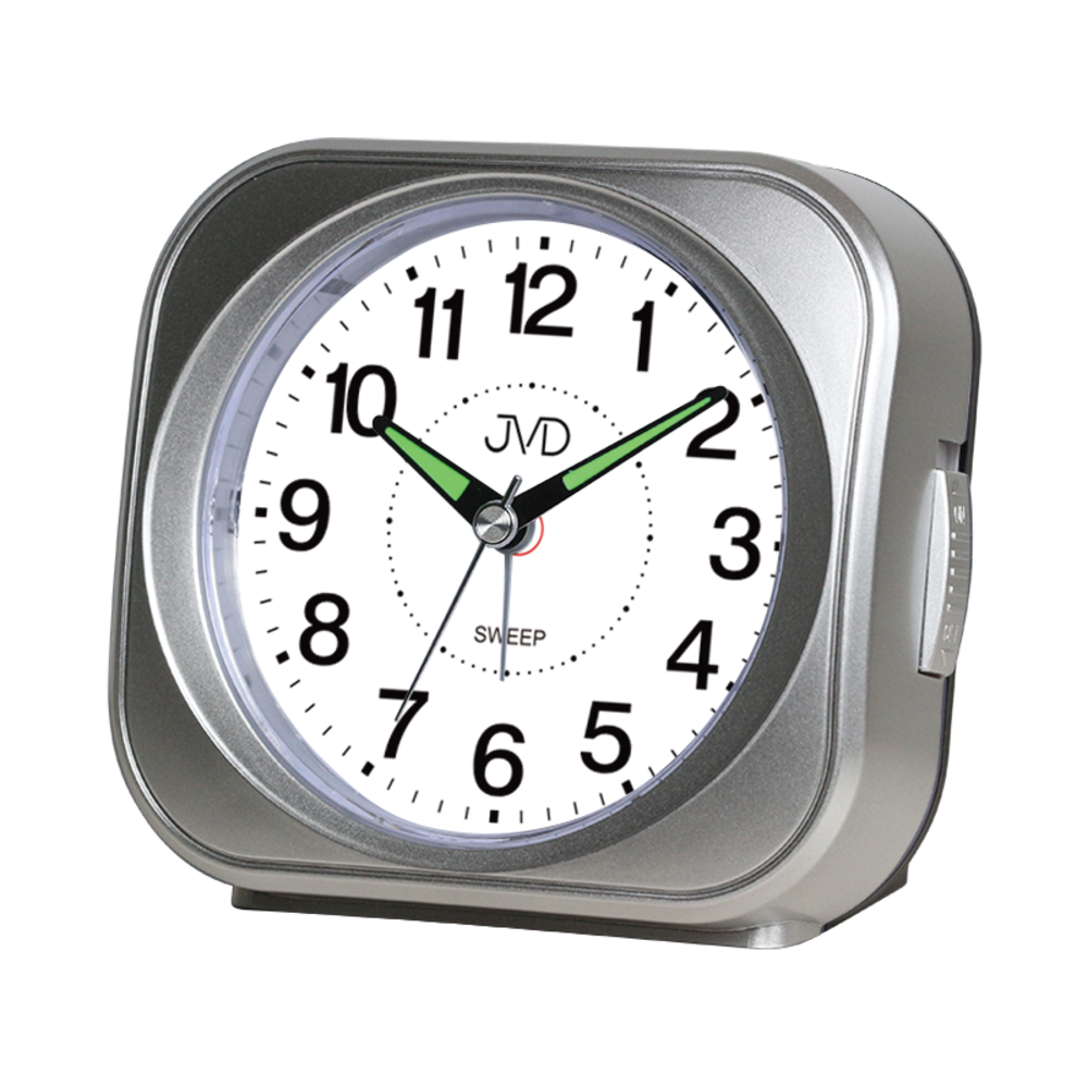 JVD Stříbrný tichý budík s LED osvětlením s plynulým chodem JVD SRP1604.2
