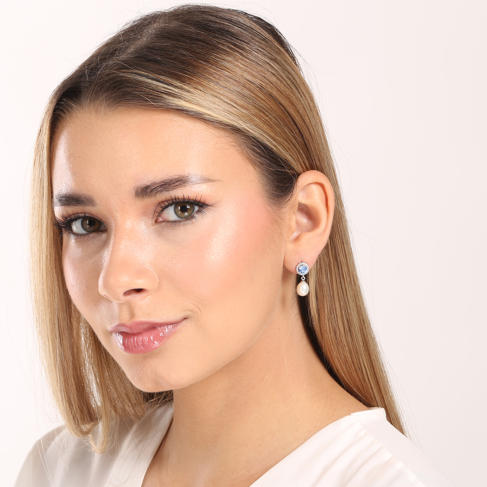  JVD Dámské stříbrné visací náušnice se zirkony a modrými topazy  na puzetku SVLE0773SD2MP00