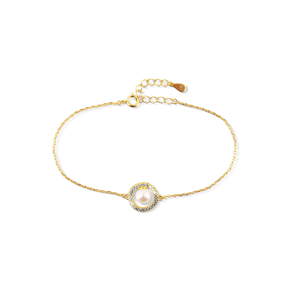  JVD Dámský stříbrný pozlacený náramek se zirkony a perlou SVLB0813SH2GP18