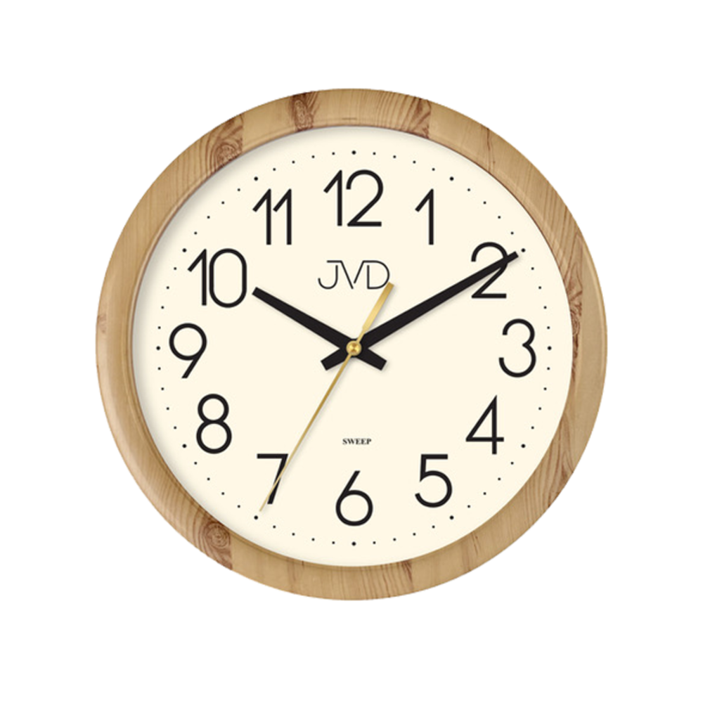 JVD Nástěnné bílé čitelné netikající tiché hodiny JVD H608.2 v imitaci dřeva