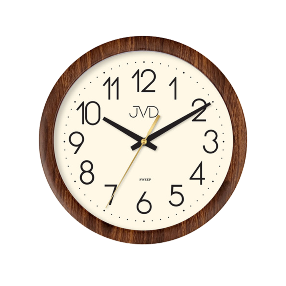 JVD Nástěnné bílé čitelné netikající tiché hodiny JVD H608.3 v imitaci dřeva