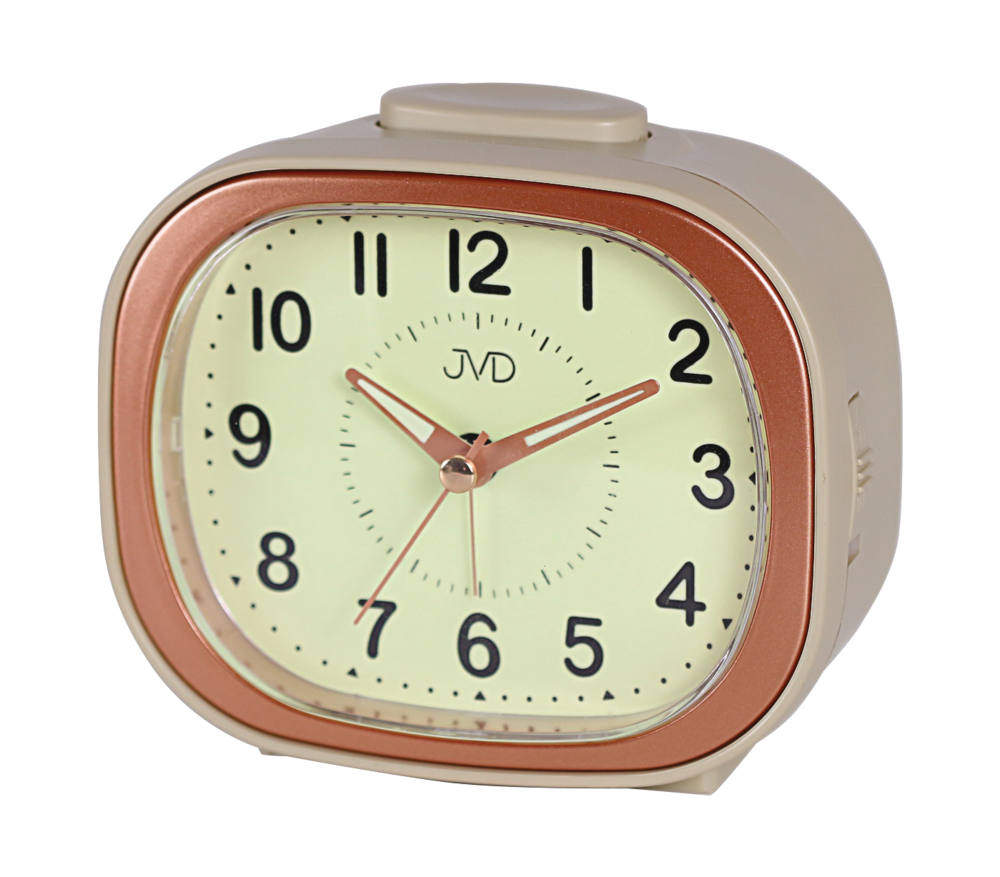 JVD Ručkový žlutý analogový netikající tichý budík JVD SRP1201.2 s luminiscenčním displejem