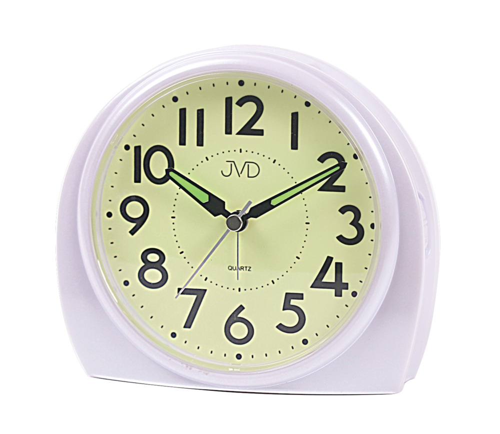JVD Ručkový bílý analogový netikající tichý budík JVD SRP3701.2 s luminiscenčním displejem