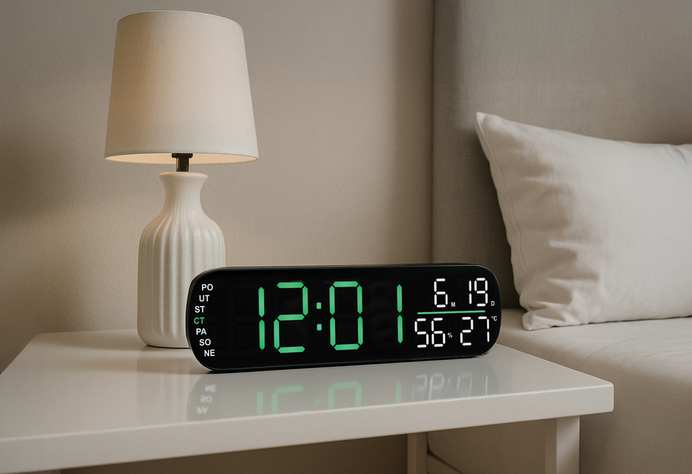 JVD Digitální černý budík do el. sítě JVD SB5512.4 se zelenými LED číslicemi