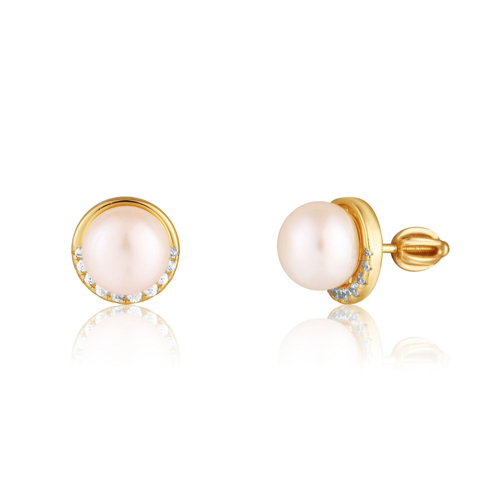 JVD Dámské peckové stříbrné pozlacené náušnice na šroubek s perlou SVLE0952SH2GPSR