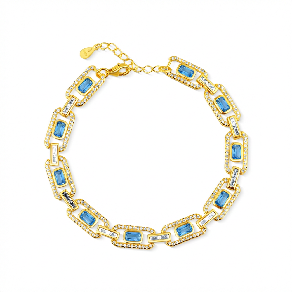 JVD Dámský mohutný stříbrný pozlacený náramek se zirkony a blue topazy ryz. 925/1000 SVLB0879SH2GM18